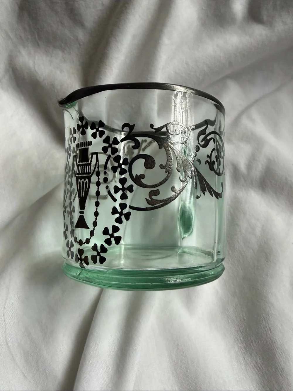 Vintage Green Glass Creamer Pitcher with sterling Silver Filigree